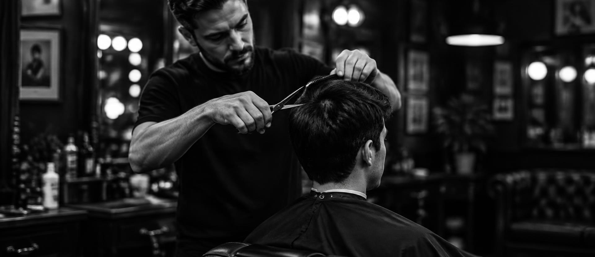 Barber carefully trimming a client's beard